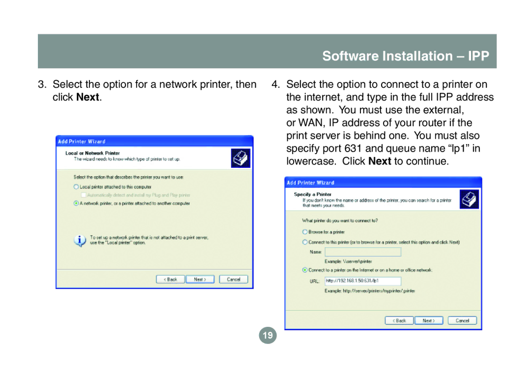 IOGear GPSU21 manual Select the option for a network printer, then click Next 