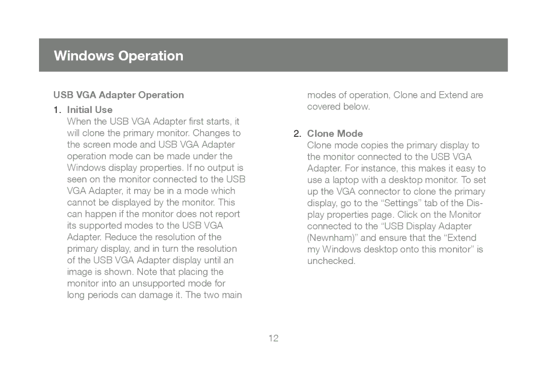 IOGear GUC2015V manual Windows Operation, USB VGA Adapter Operation Initial Use, Clone Mode 