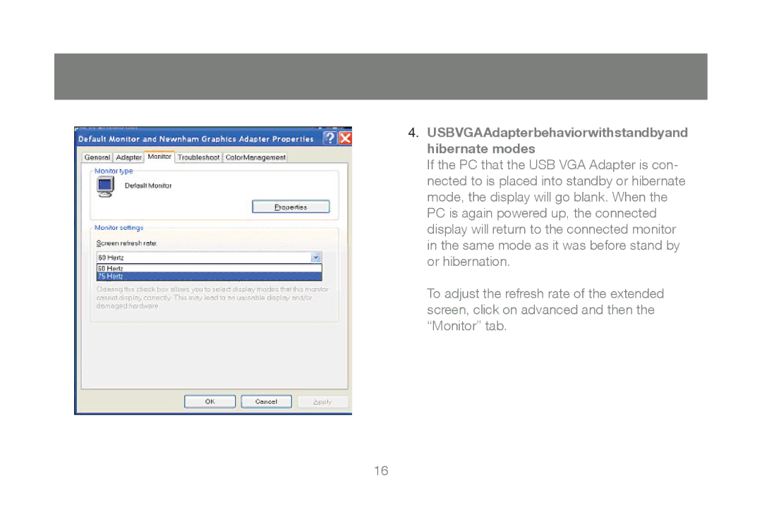 IOGear GUC2015V manual USBVGAAdapterbehaviorwithstandbyand Hibernate modes 