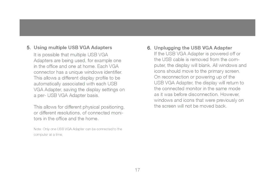 IOGear GUC2015V manual Using multiple USB VGA Adapters, Unplugging the USB VGA Adapter 
