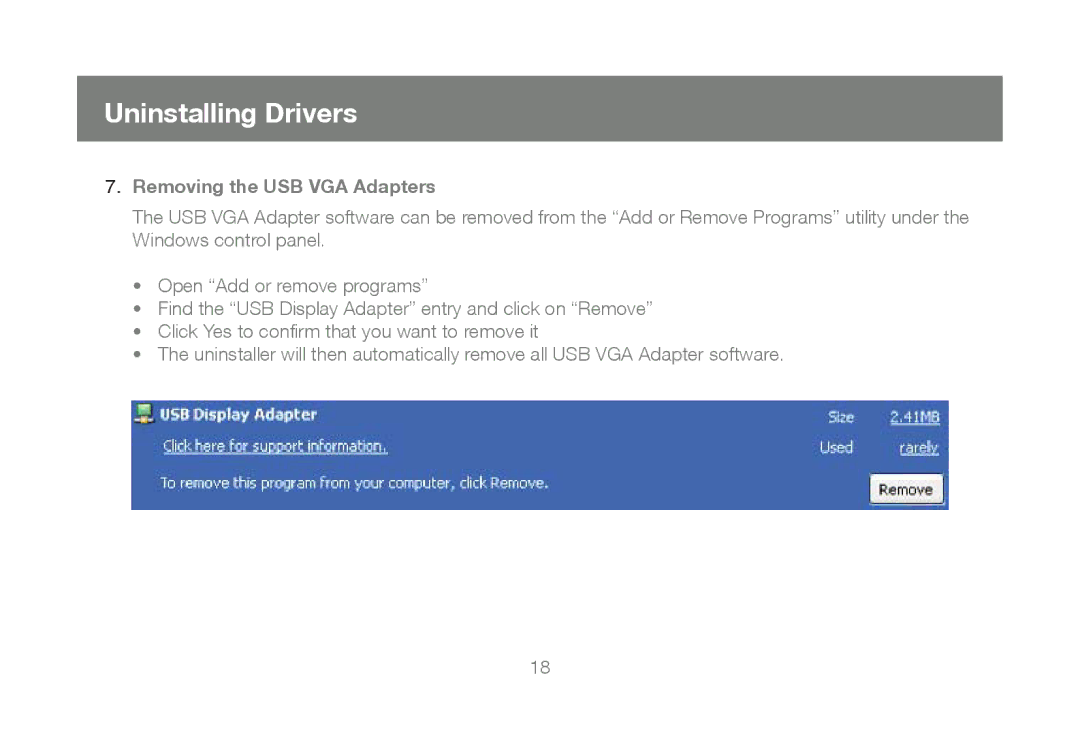 IOGear GUC2015V manual Uninstalling Drivers, Removing the USB VGA Adapters 