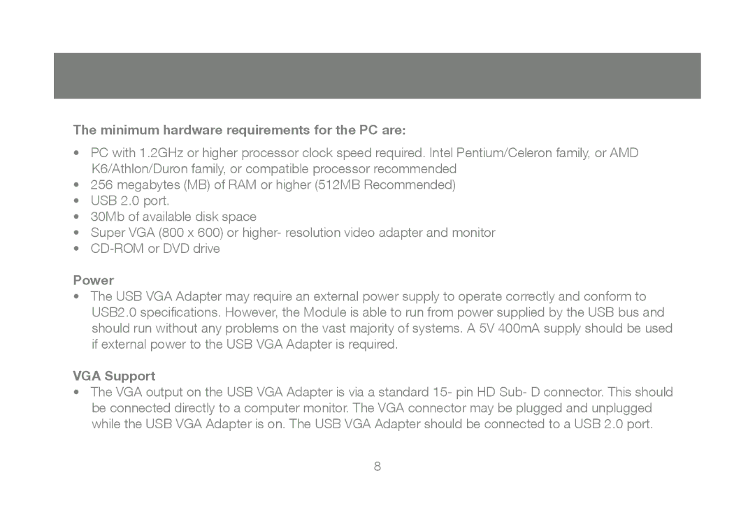 IOGear GUC2015V manual Minimum hardware requirements for the PC are, Power, VGA Support 