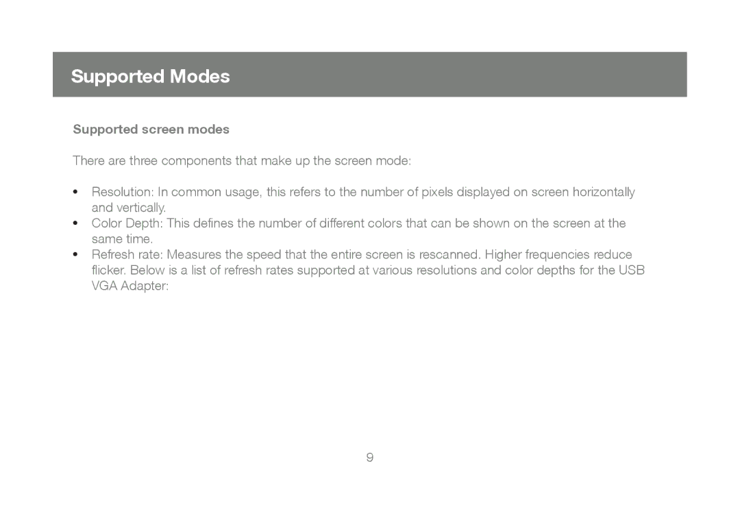 IOGear GUC2015V manual Supported Modes, Supported screen modes 