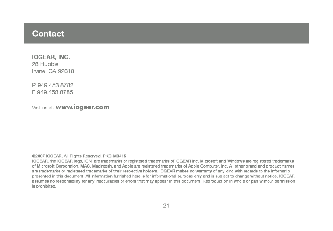 IOGear GUC2015V manual Contact, Iogear, Inc 