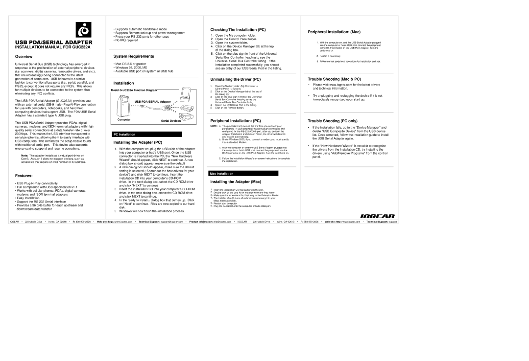 IOGear GUC232A installation manual Overview, Features, System Requirements, Installation, Installing the Adapter PC 