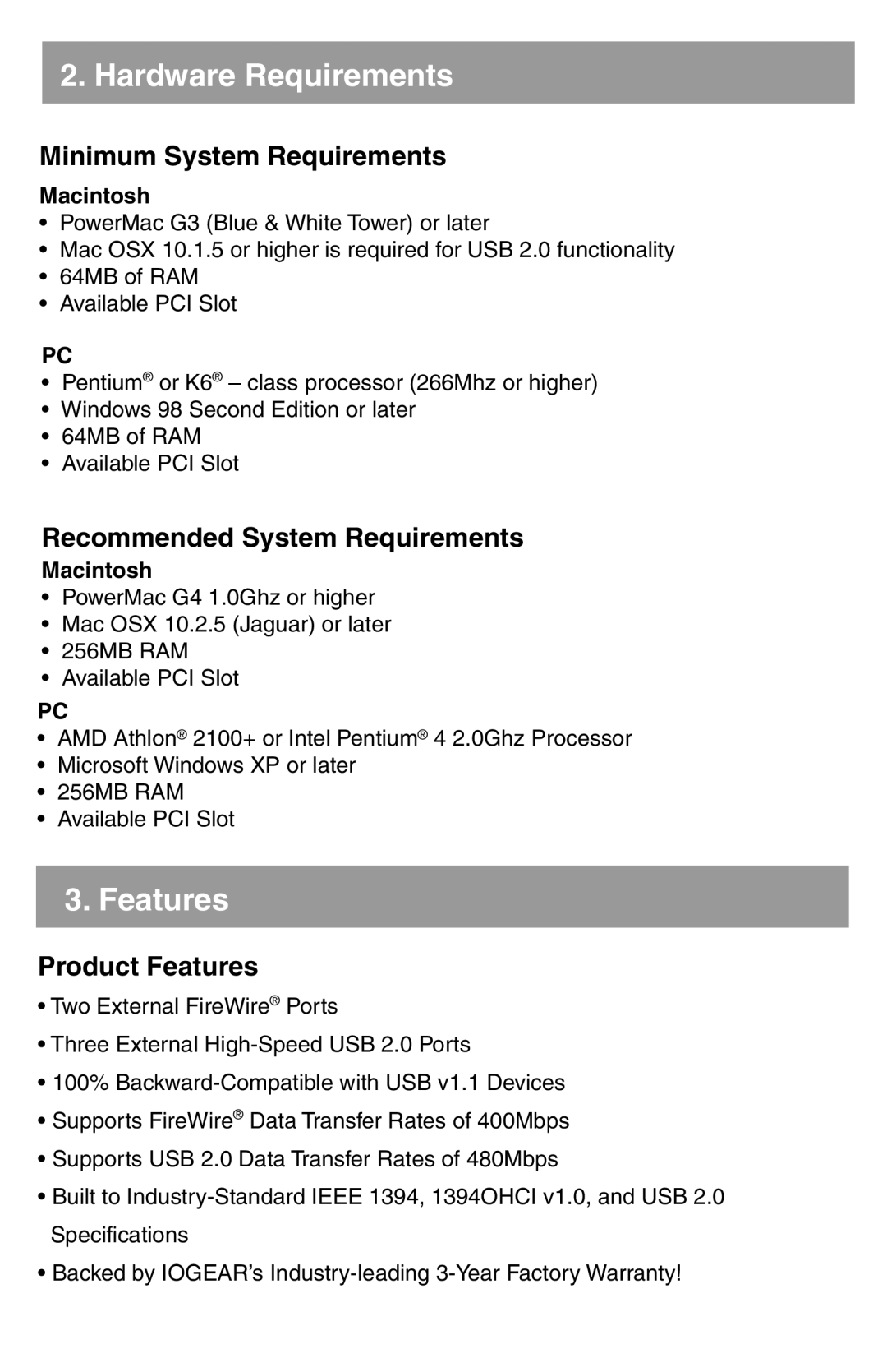 IOGear GUF320 Hardware Requirements, Features, Minimum System Requirements, Recommended System Requirements, Macintosh 