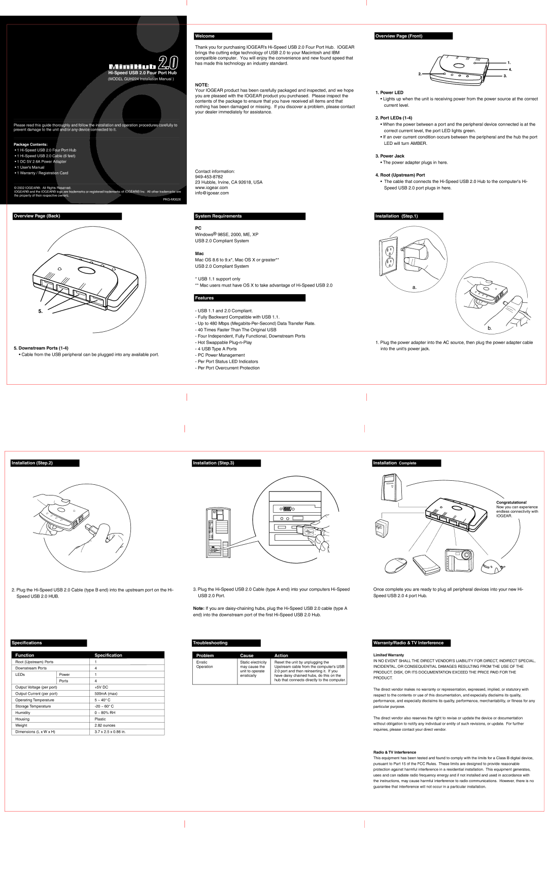 IOGear GUH224 user manual Hi-Speed USB 2.0 Four Port Hub, Overview Page Back, Welcome, System Requirements, Features 