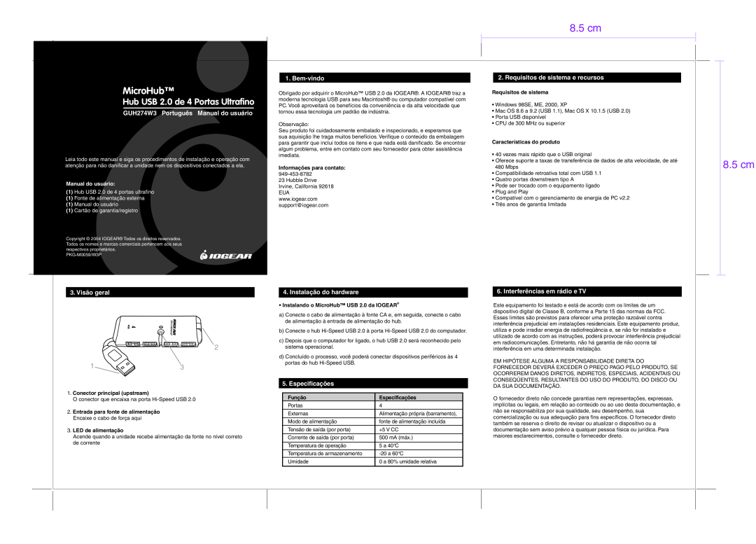 IOGear manual 8.5 cm, MicroHub, Hub USB 2.0 de 4 Portas Ultrafino, GUH274W3 Português Manual do usuário, Bem-vindo 