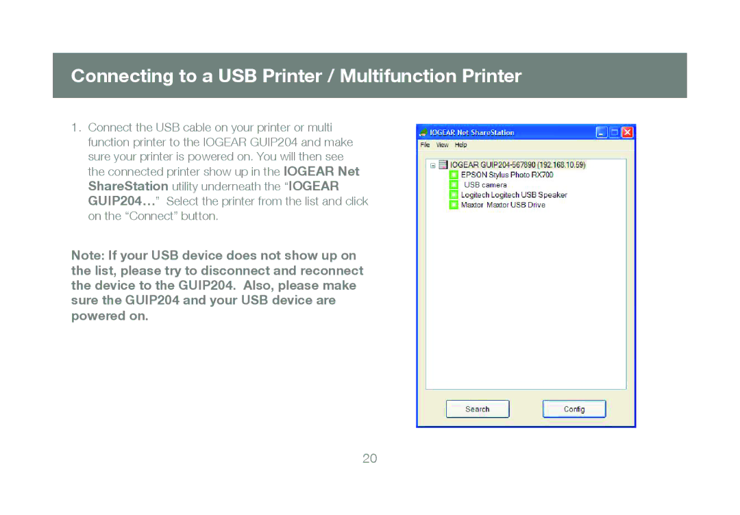 IOGear GUIP204, M1057 manual Connecting to a USB Printer / Multifunction Printer 