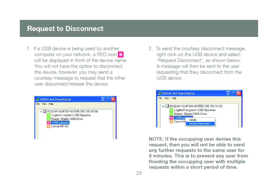 IOGear M1057, GUIP204 manual Request to Disconnect, If a USB device is being used by another 