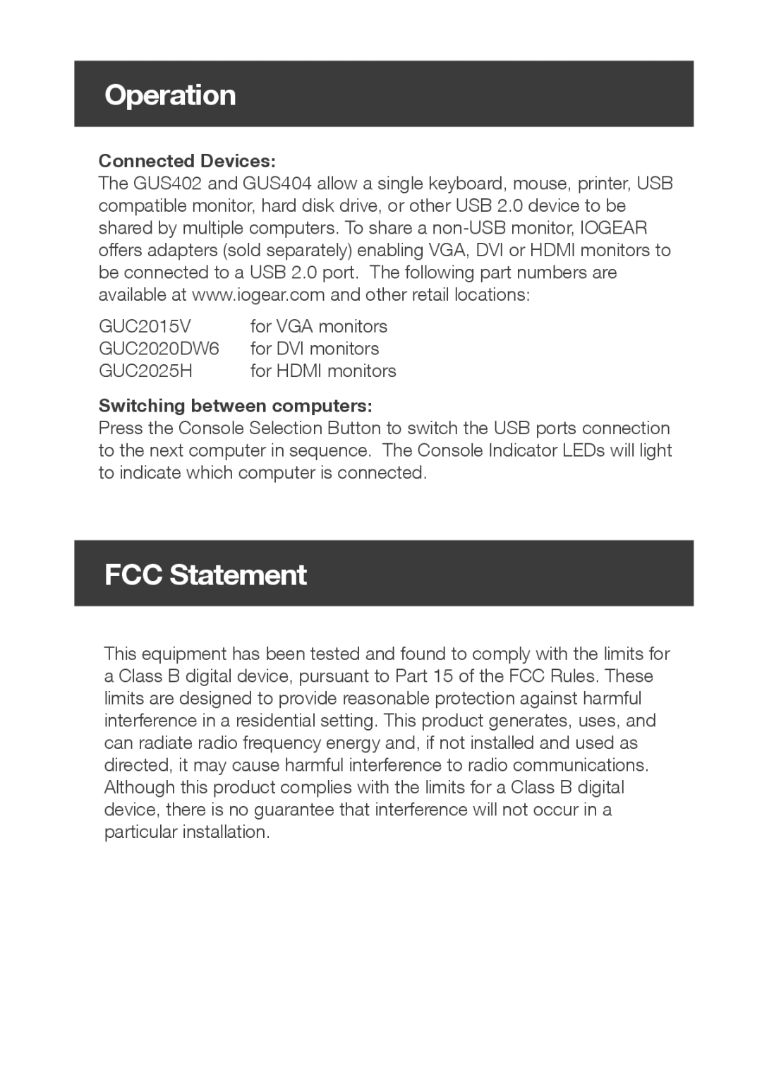 IOGear GUS402 / GUS404 quick start Operation, FCC Statement 