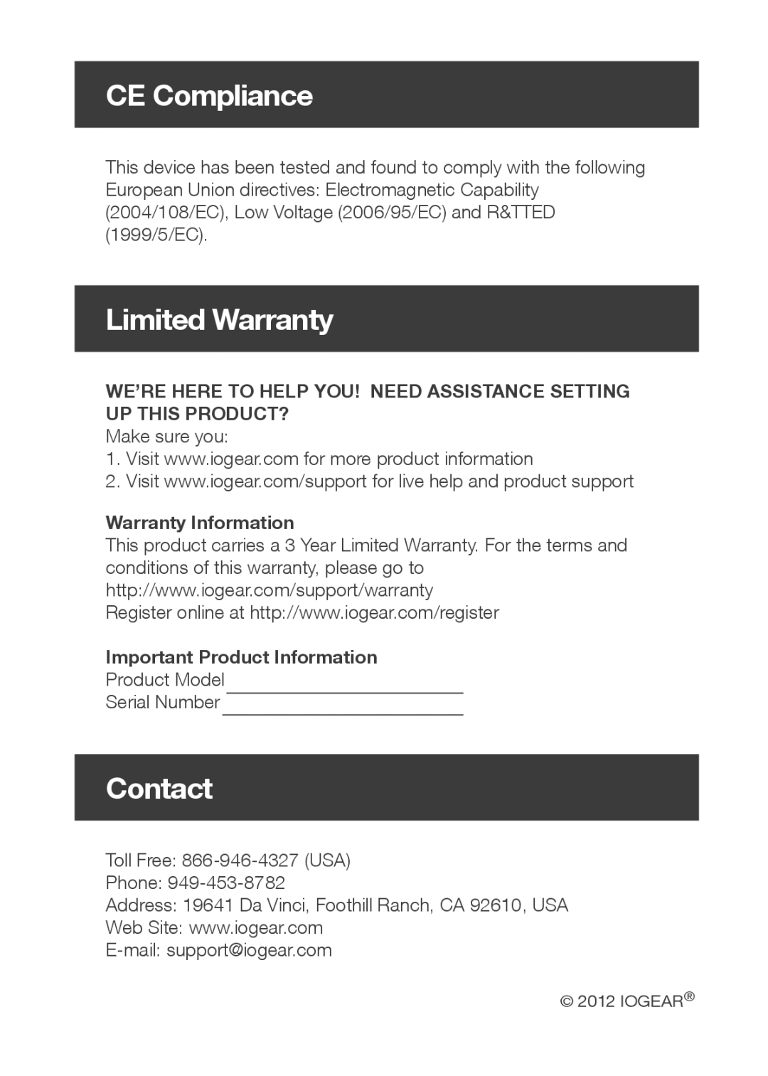 IOGear GUS402 / GUS404 quick start CE Compliance, Limited Warranty, Contact 