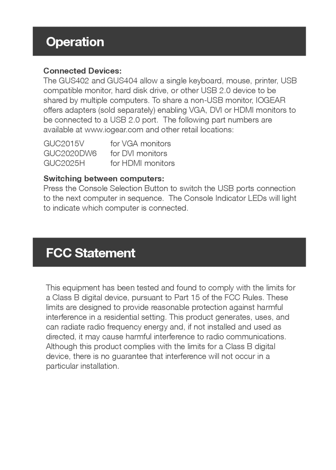 IOGear GUS402 / GUS404 quick start Operation, FCC Statement, Connected Devices, Switching between computers 