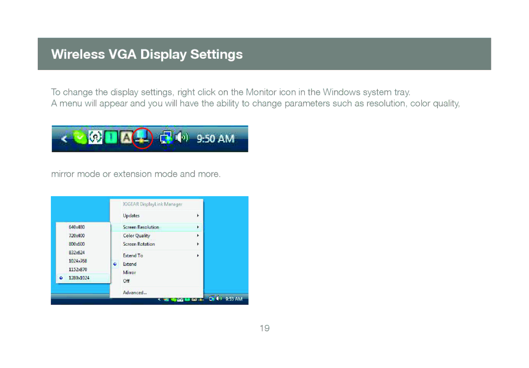 IOGear GUW2015V manual Wireless VGA Display Settings 