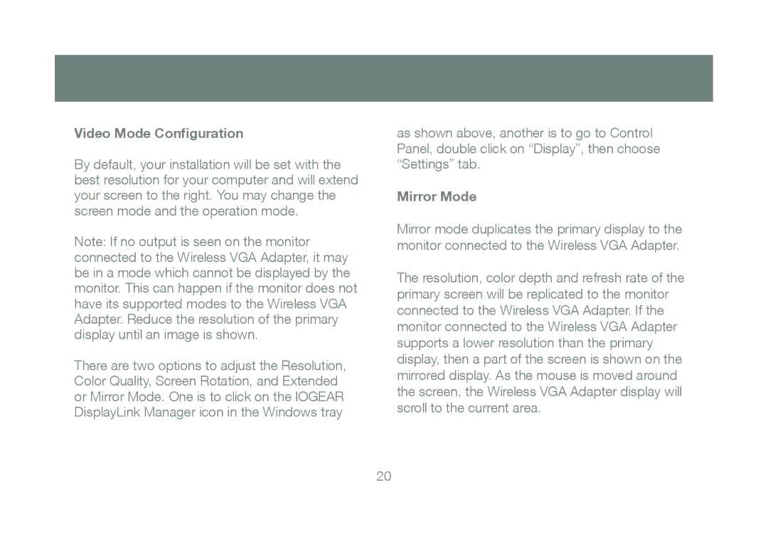 IOGear GUW2015V manual Video Mode Configuration, Mirror Mode 