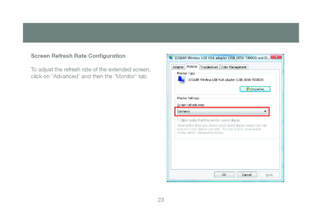 IOGear GUW2015V manual Screen Refresh Rate Configuration 