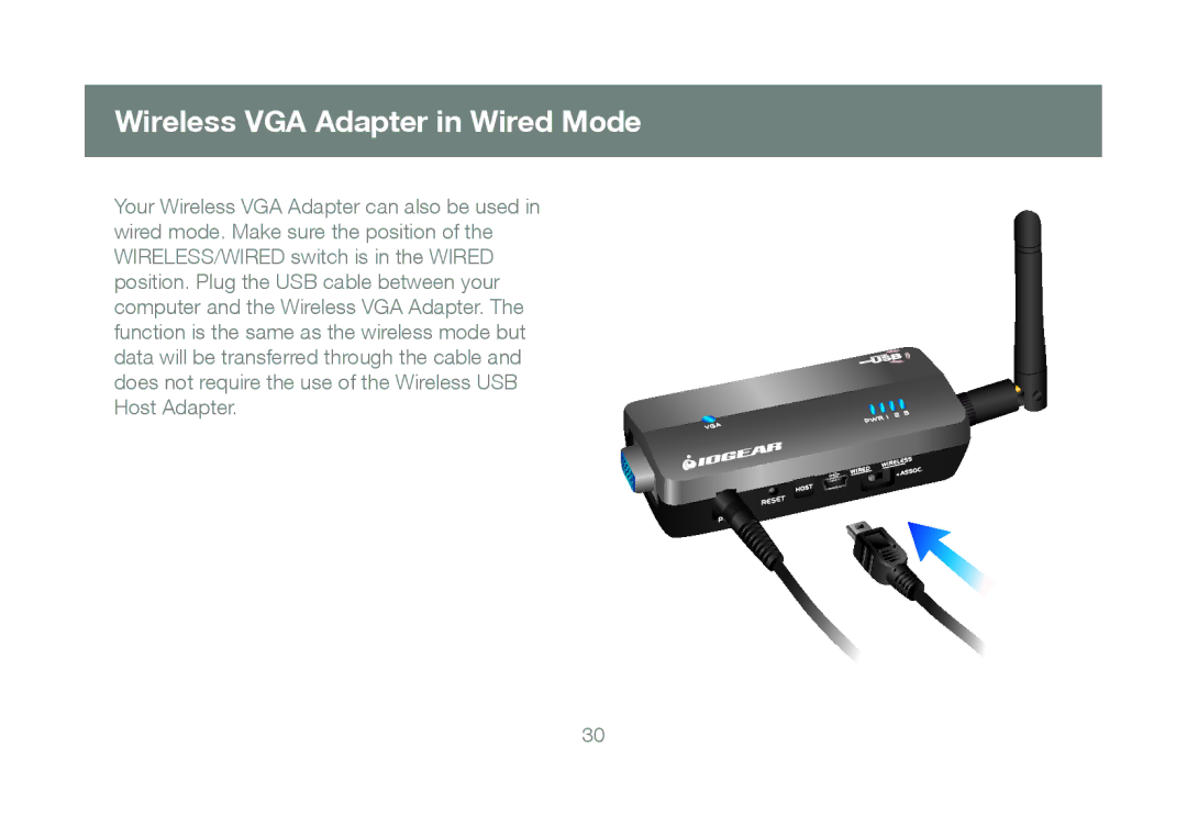 IOGear GUW2015V manual Wireless VGA Adapter in Wired Mode 