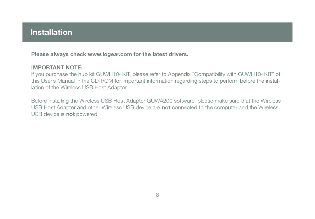 IOGear GUWA200, M1070 manual Installation, Important Note 