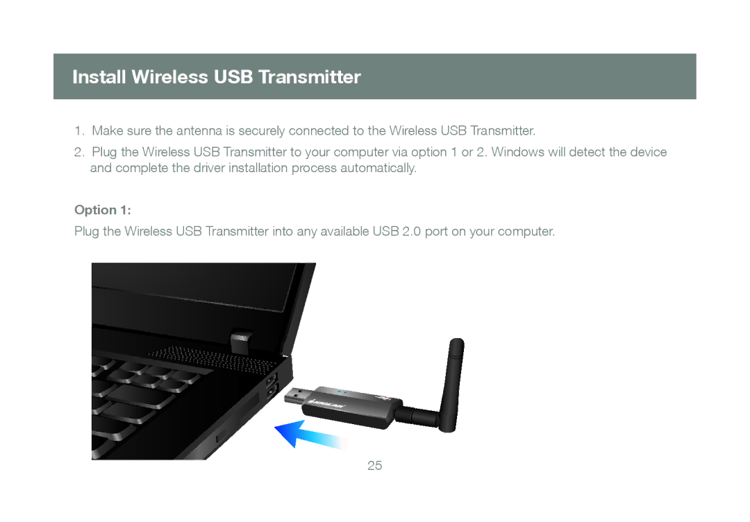 IOGear GUWAVKIT manual Install Wireless USB Transmitter, Option 