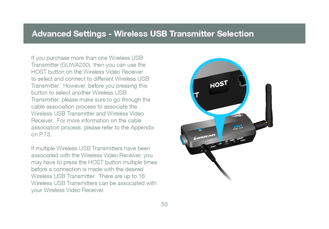 IOGear GUWAVKIT manual Advanced Settings Wireless USB Transmitter Selection 