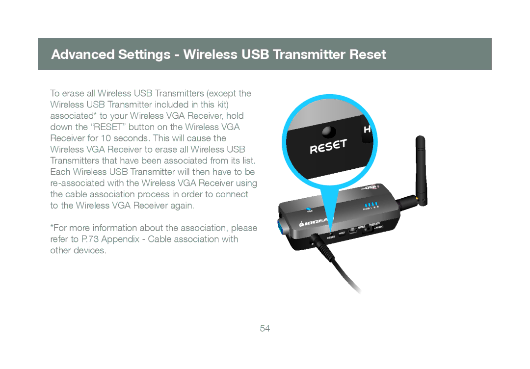 IOGear GUWAVKIT manual Advanced Settings Wireless USB Transmitter Reset 