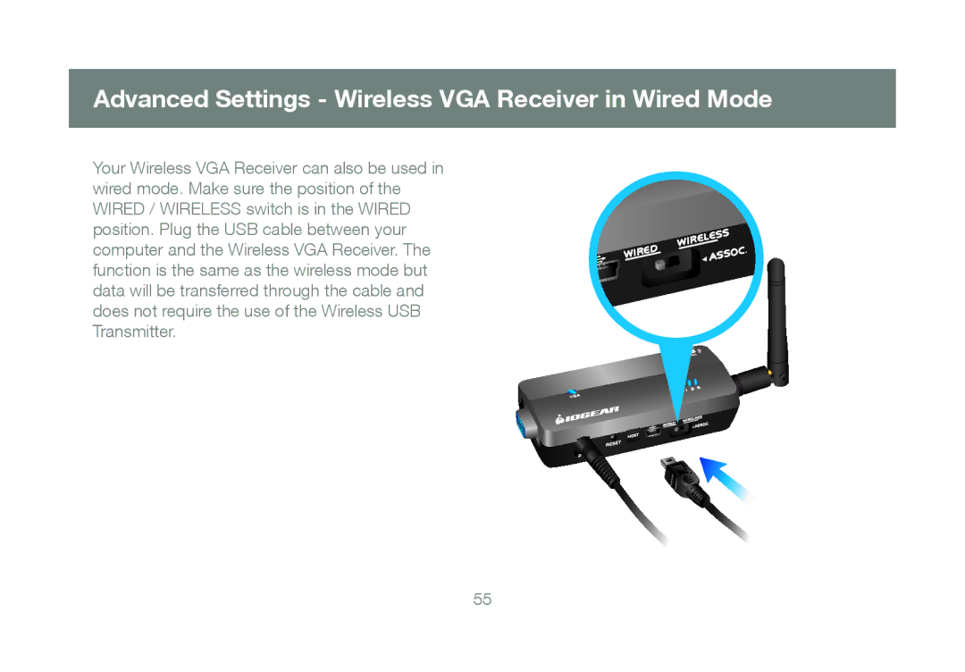 IOGear GUWAVKIT manual Advanced Settings Wireless VGA Receiver in Wired Mode 