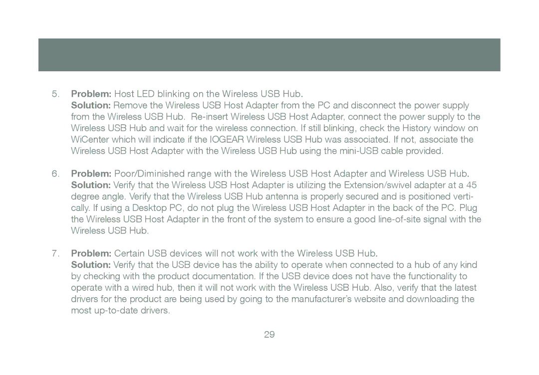 IOGear GUWH104KIT manual Problem Host LED blinking on the Wireless USB Hub 