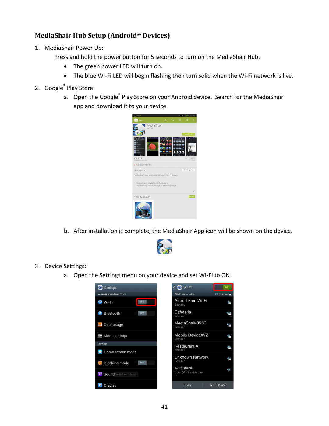 IOGear GWFRSDU manual MediaShair Hub Setup Android Devices 