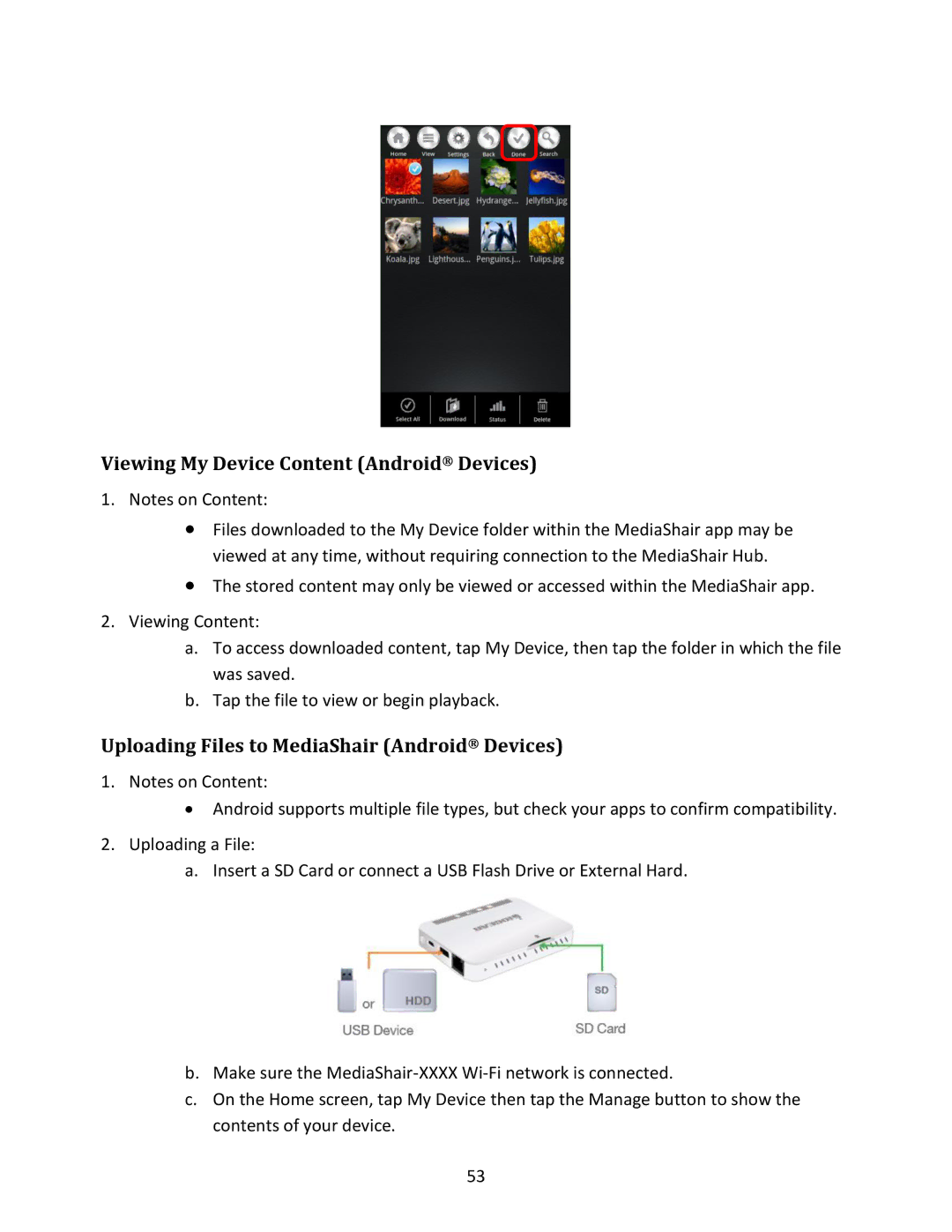 IOGear GWFRSDU manual Viewing My Device Content Android Devices, Uploading Files to MediaShair Android Devices 