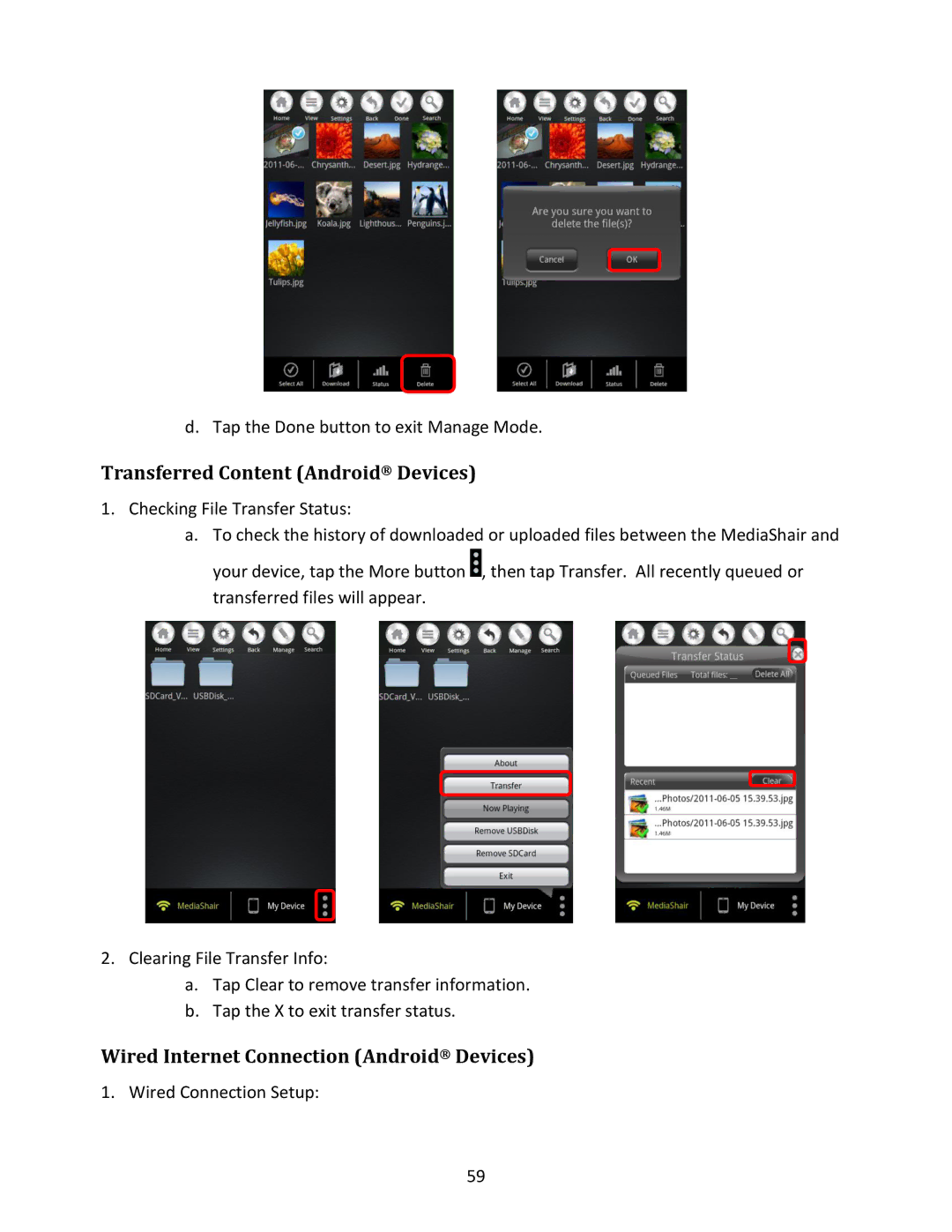 IOGear GWFRSDU manual Transferred Content Android Devices, Wired Internet Connection Android Devices 