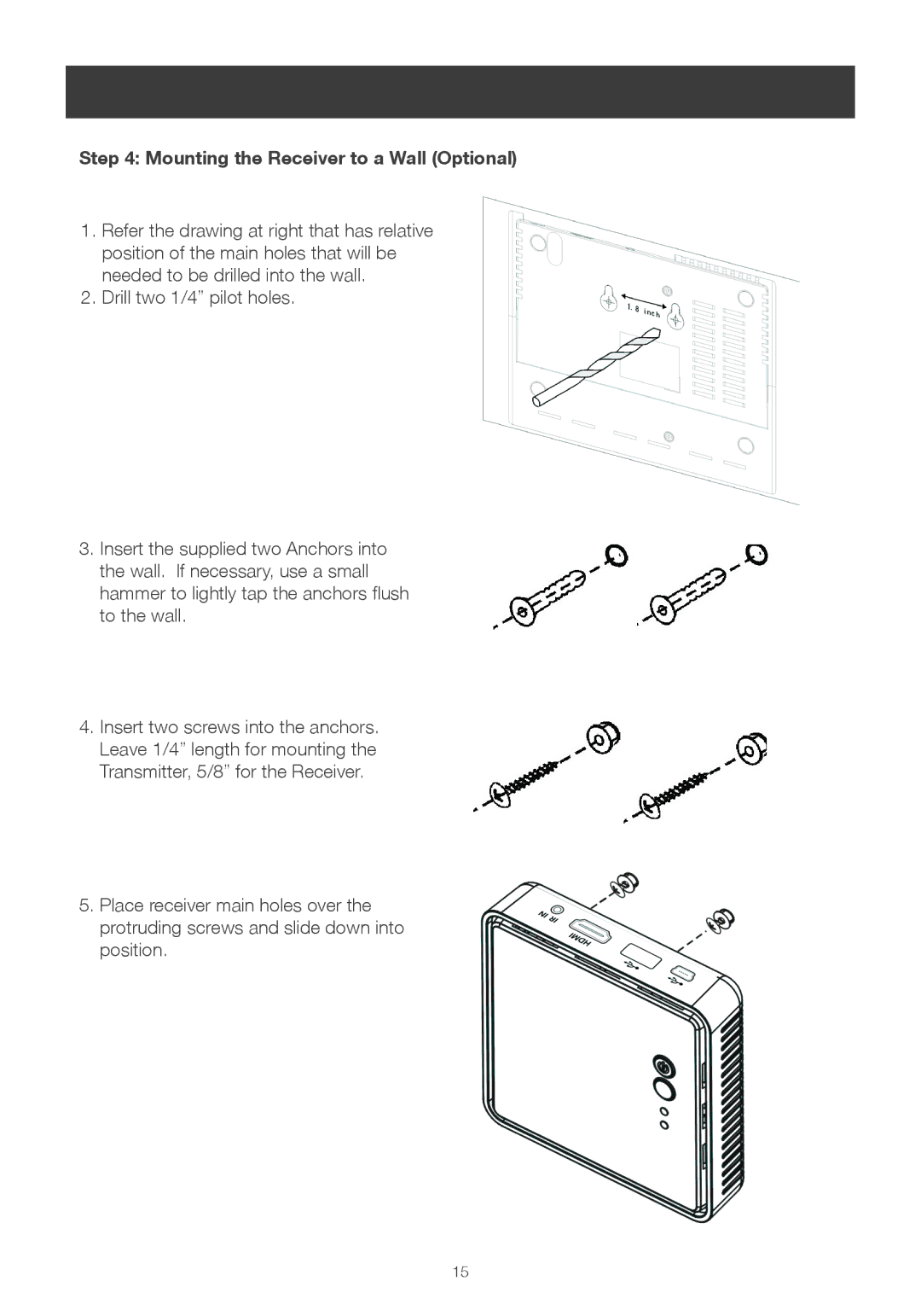 IOGear GWHDMS52 user manual Mounting the Receiver to a Wall Optional 