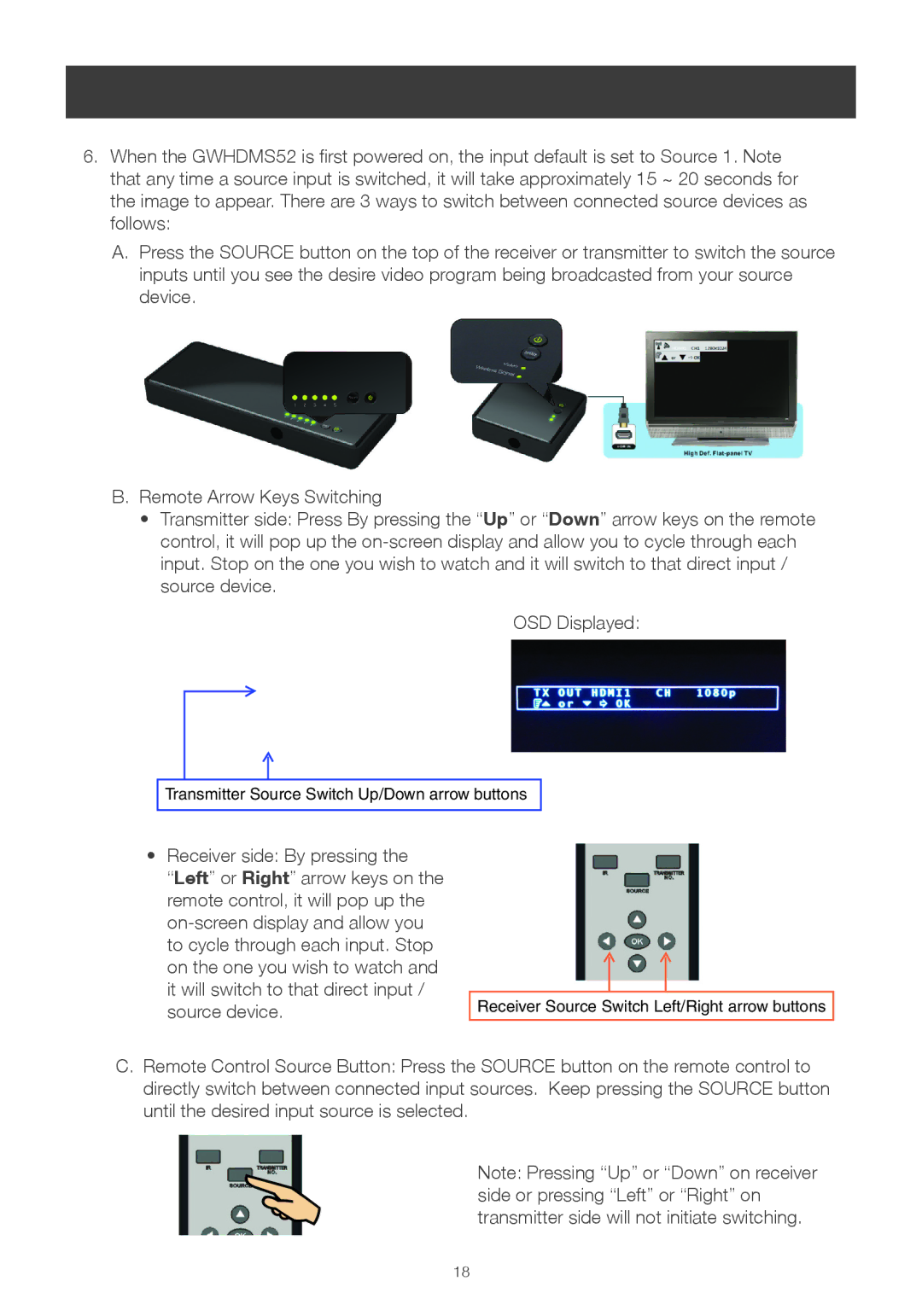 IOGear GWHDMS52 user manual Transmitter Source Switch Up/Down arrow buttons 