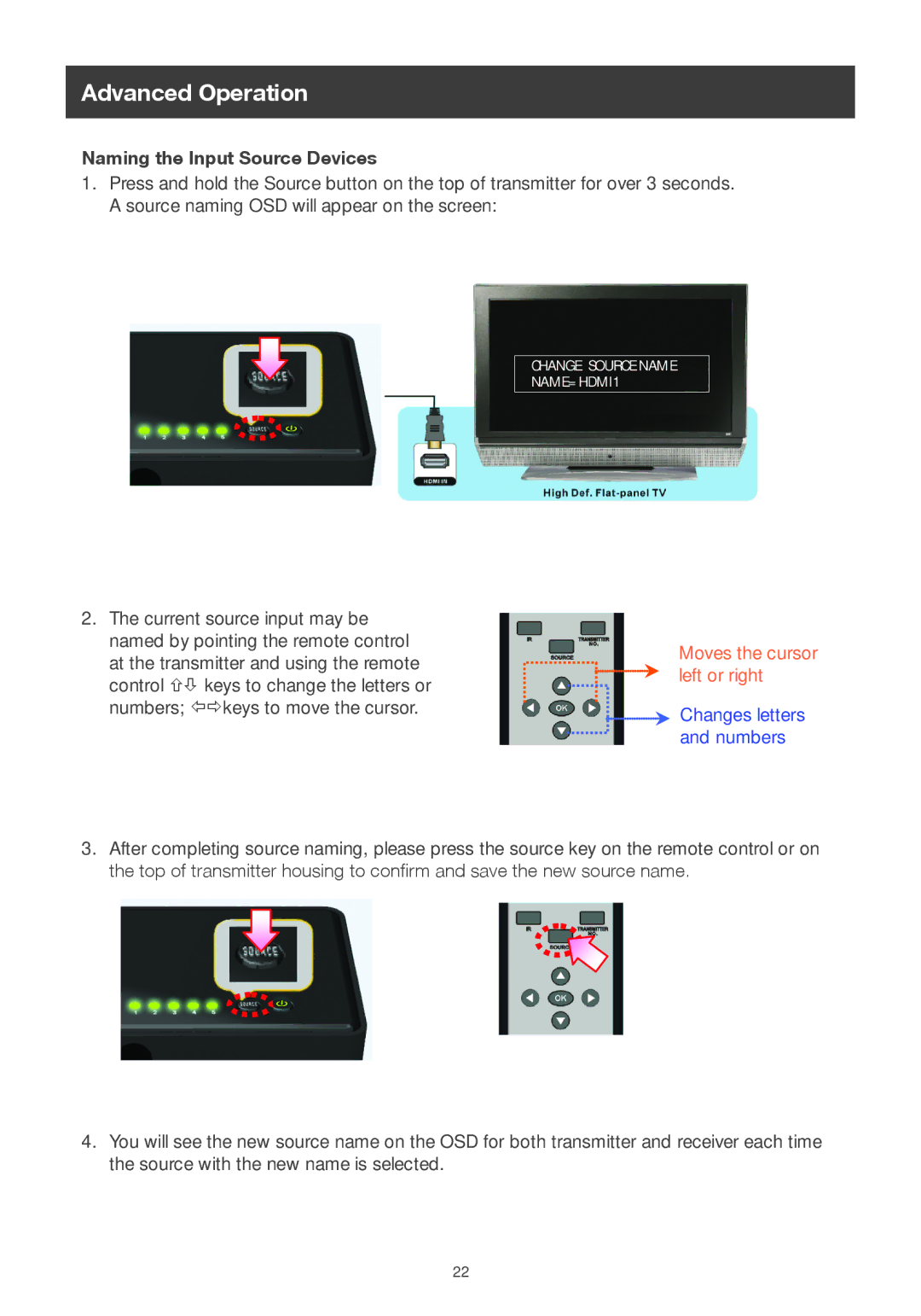 IOGear GWHDMS52 user manual Advanced Operation, Naming the Input Source Devices 