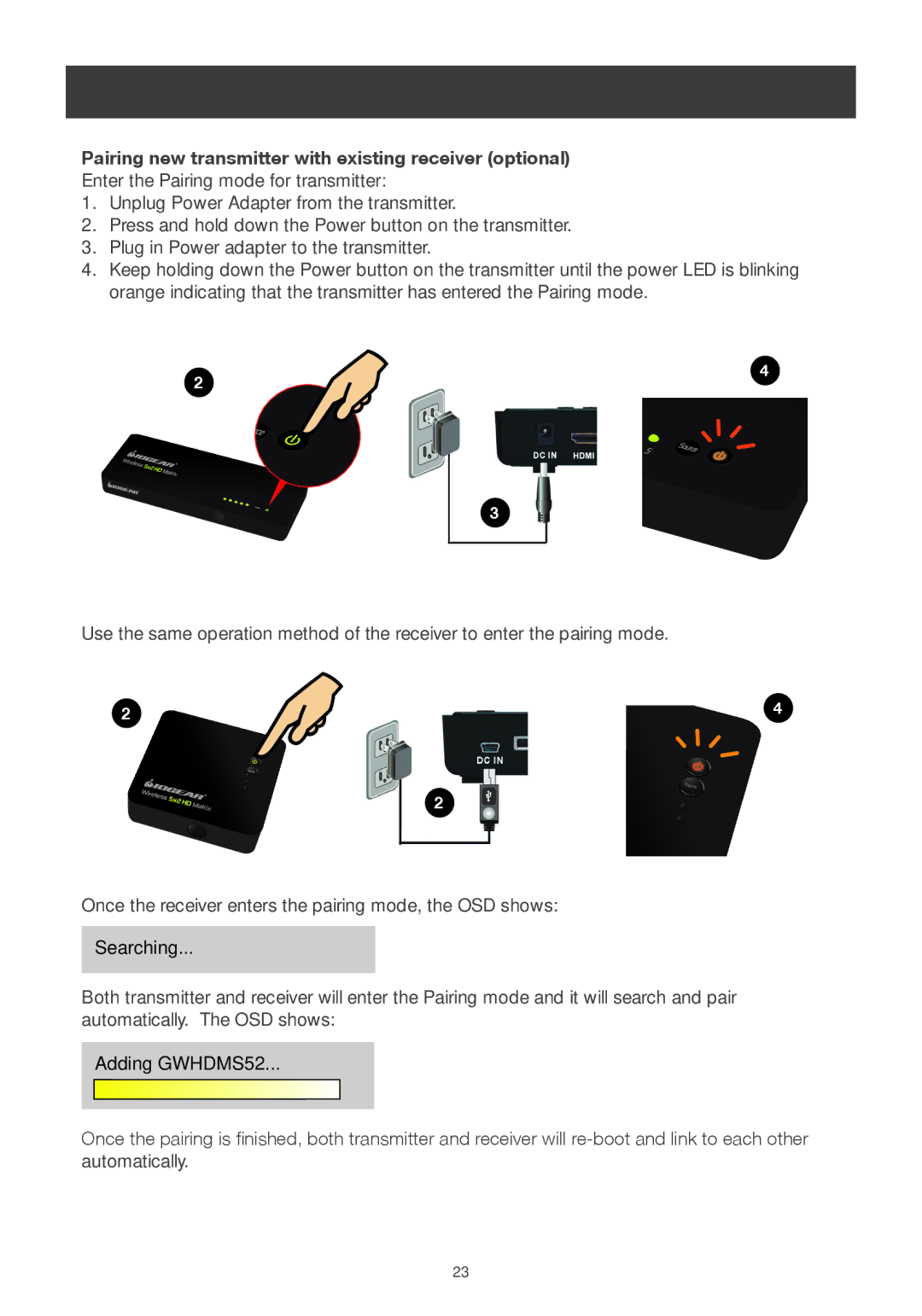 IOGear GWHDMS52 user manual Pairing new transmitter with existing receiver optional 