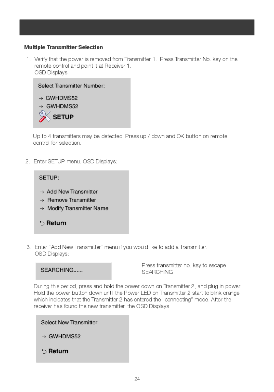 IOGear GWHDMS52 user manual Setup, Multiple Transmitter Selection 