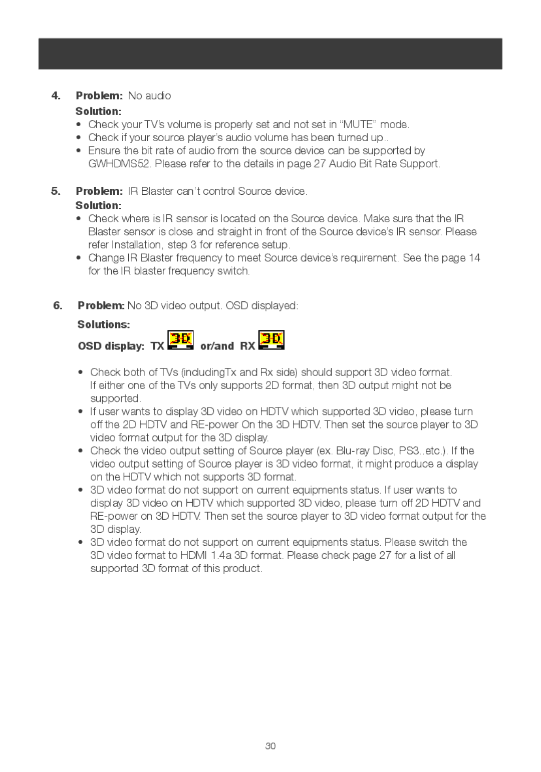 IOGear GWHDMS52 user manual Problem No audio Solution, Solutions OSD display TX or/and RX 