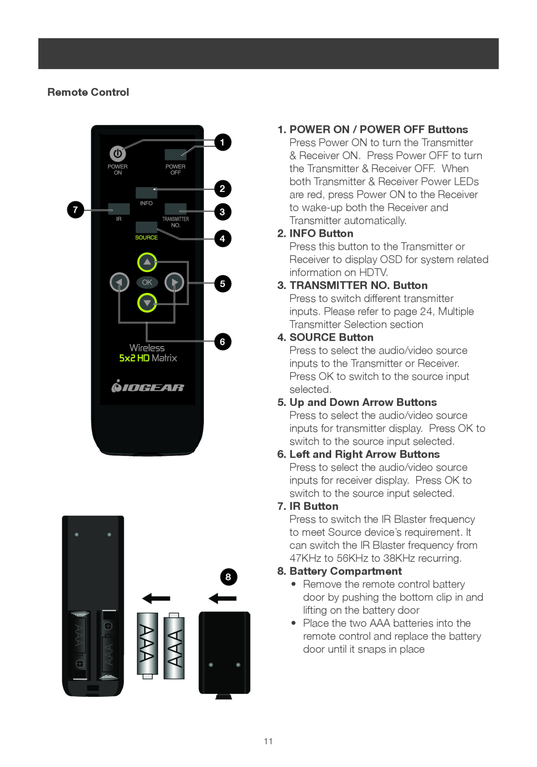 IOGear GWHDMS52 user manual Remote Control, INFO Button, SOURCE Button, IR Button, Battery Compartment 