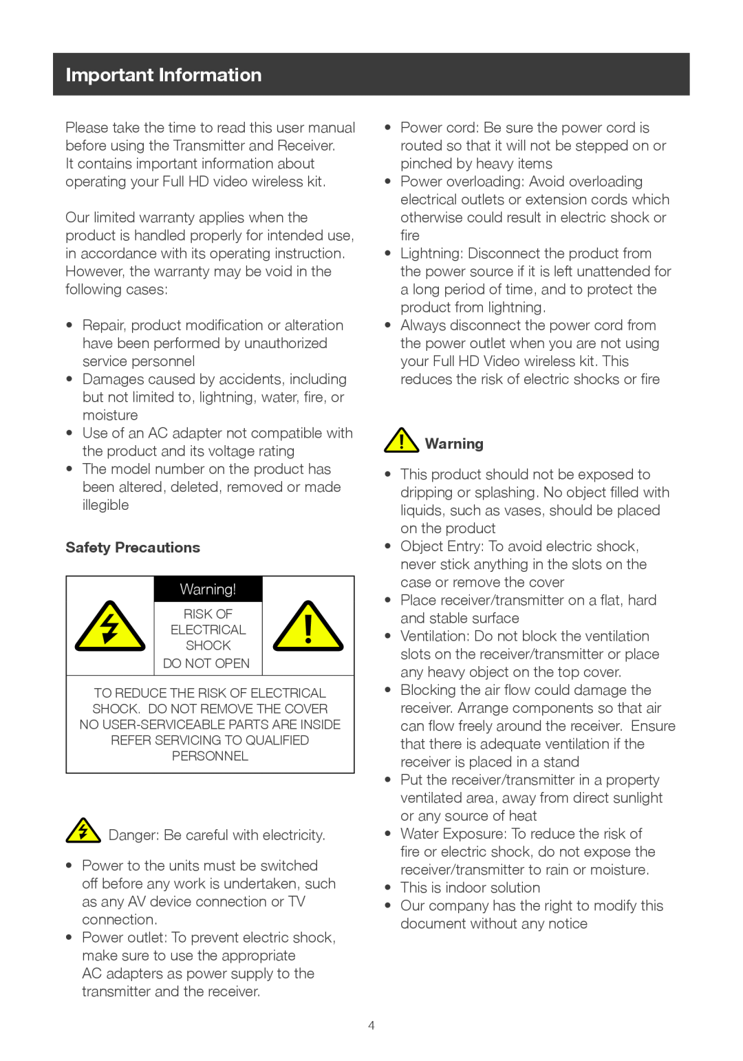 IOGear GWHDMS52 user manual Important Information, Safety Precautions 
