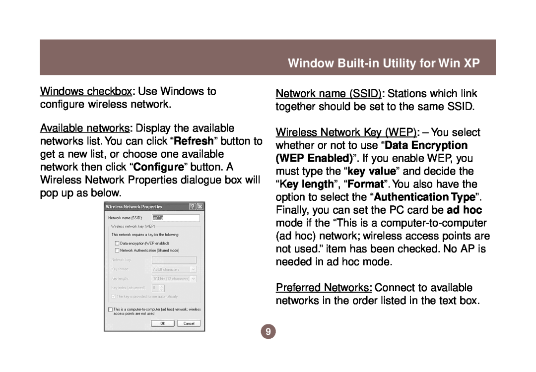 IOGear GWP511 user manual Window Built-in Utility for Win XP, Windows checkbox Use Windows to configure wireless network 