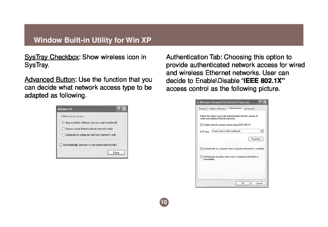 IOGear GWP511 user manual Window Built-in Utility for Win XP, SysTray Checkbox Show wireless icon in SysTray 