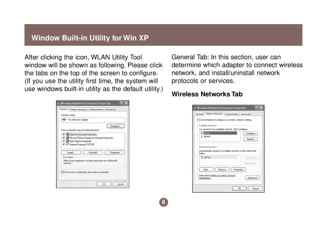 IOGear GWP511 user manual Window Built-in Utility for Win XP, Wireless Networks Tab 