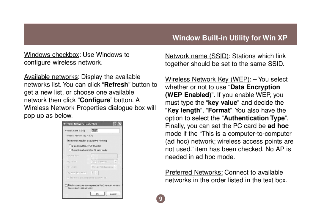 IOGear GWP511 user manual Window Built-in Utility for Win XP 