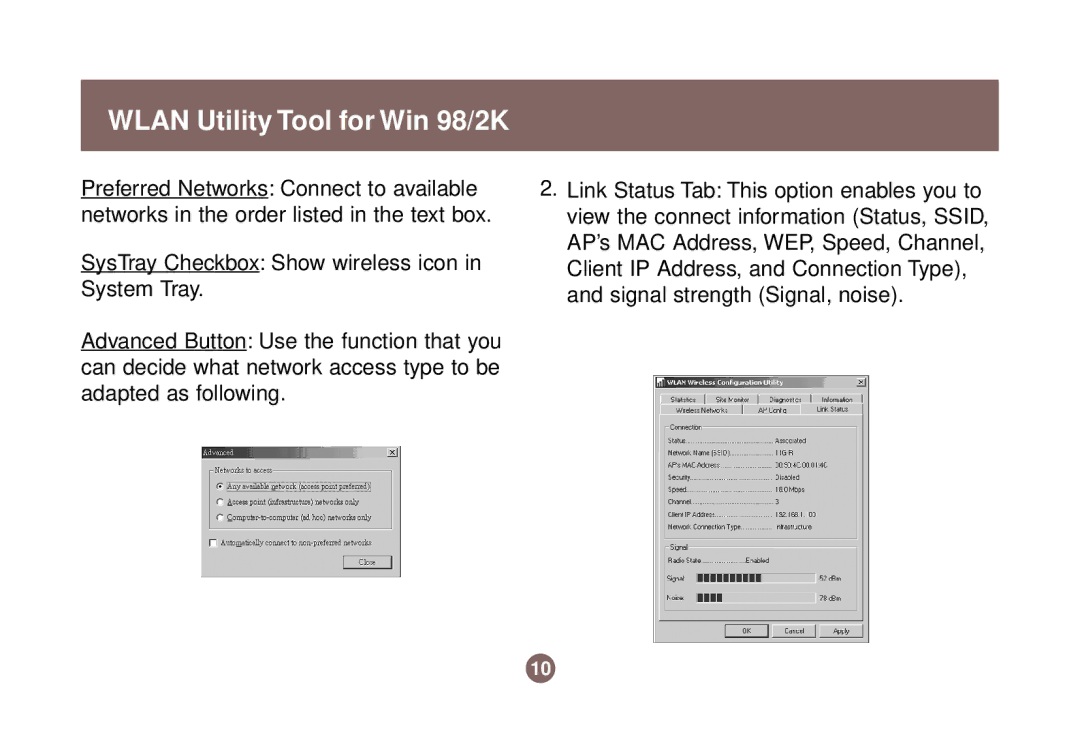 IOGear GWP511 user manual Wlan Utility Tool for Win 98/2K 