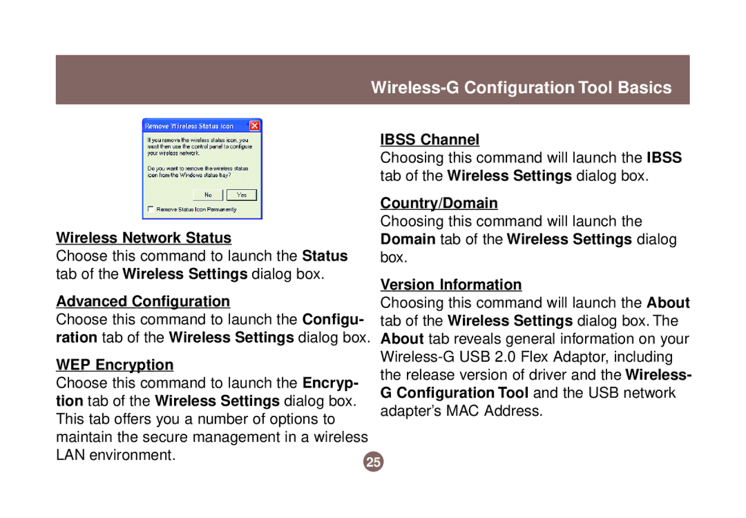 IOGear GWU513 Ibss Channel, Country/Domain, Wireless Network Status, Version Information, Advanced Configuration 