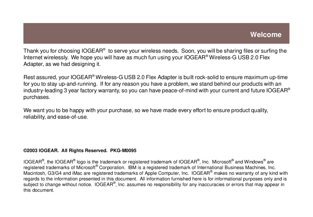 IOGear GWU513 user manual Welcome, IOGEAR. All Rights Reserved. PKG-M0095 