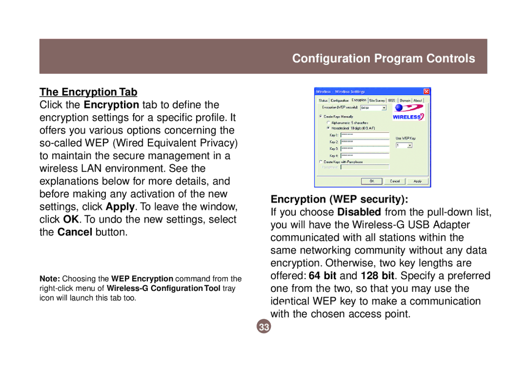 IOGear GWU513 user manual Encryption Tab, Encryption WEP security 