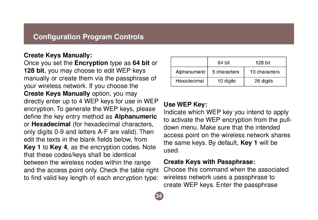 IOGear GWU513 user manual Create Keys Manually, Use WEP Key, Create Keys with Passphrase 