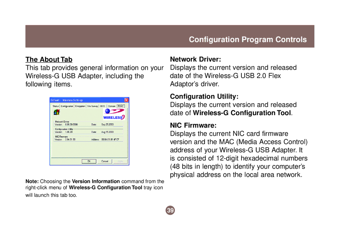 IOGear GWU513 user manual About Tab, Network Driver, Configuration Utility, NIC Firmware 