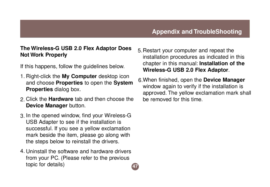 IOGear GWU513 user manual Wireless-G USB 2.0 Flex Adaptor Does Not Work Properly 