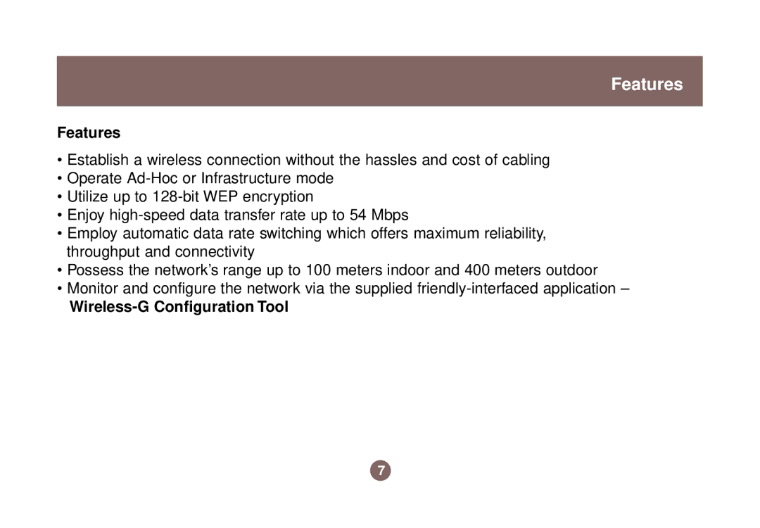 IOGear GWU513 user manual Features, Wireless-G Configuration Tool 